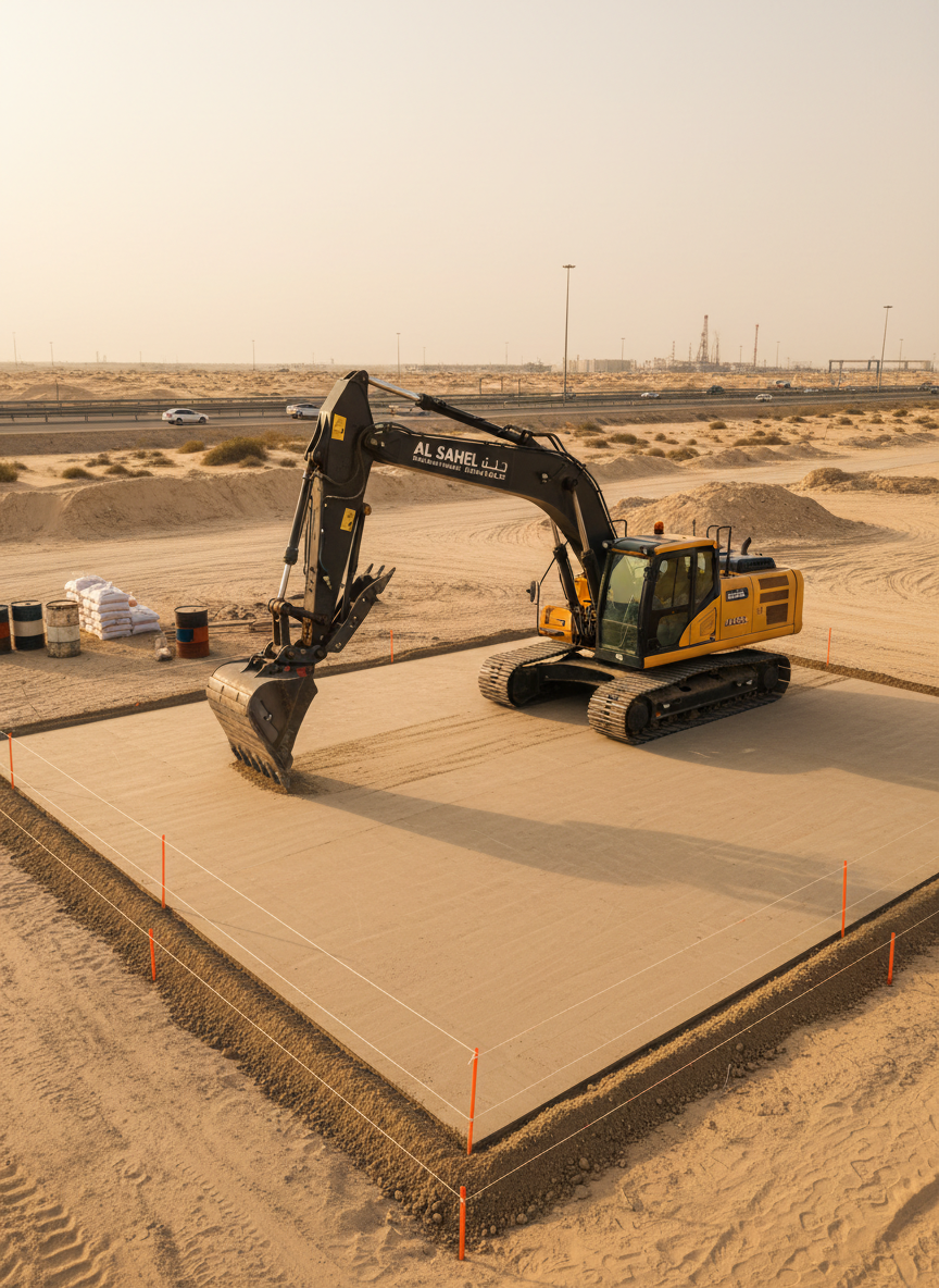 A medium-sized excavator working on a neatly organized desert-edge site, its bucket carefully forming a level foundation pad with clearly defined edges, survey stakes and string lines visible around the perimeter. The background features low, sandy terrain transitioning toward a distant highway and subtle industrial structures, placing the scene firmly in the UAE environment. Late afternoon golden-hour light creates warm tones on the machine’s painted surfaces and soft, elongated shadows across the graded pad. Photographic realism, captured from a slightly elevated wide shot, maintaining sharp detail front to back. The mood is controlled and methodical, showcasing how professional rental excavators enable precise earthworks and foundation preparation for commercial clients.