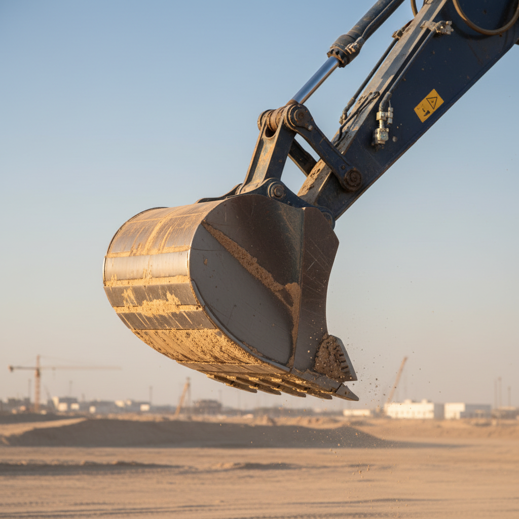 A close-up, side-on view of a heavy-duty excavator bucket mid-swing, its hardened steel teeth coated with a thin layer of beige desert soil, fine dust particles visible against the sky. The machine’s hydraulic cylinders and hoses appear robust and meticulously maintained, paintwork intact with minimal wear. Behind, a shallow depth of field reveals a sandy worksite, low dunes, and a faint outline of distant infrastructure. Warm late afternoon sunlight creates glinting highlights on the polished metal and soft shadows within the bucket’s cavities. Photographic realism, captured from a slightly low angle for a powerful, dynamic feel. The mood is robust, precise, and technical, emphasizing equipment quality for professional renters.