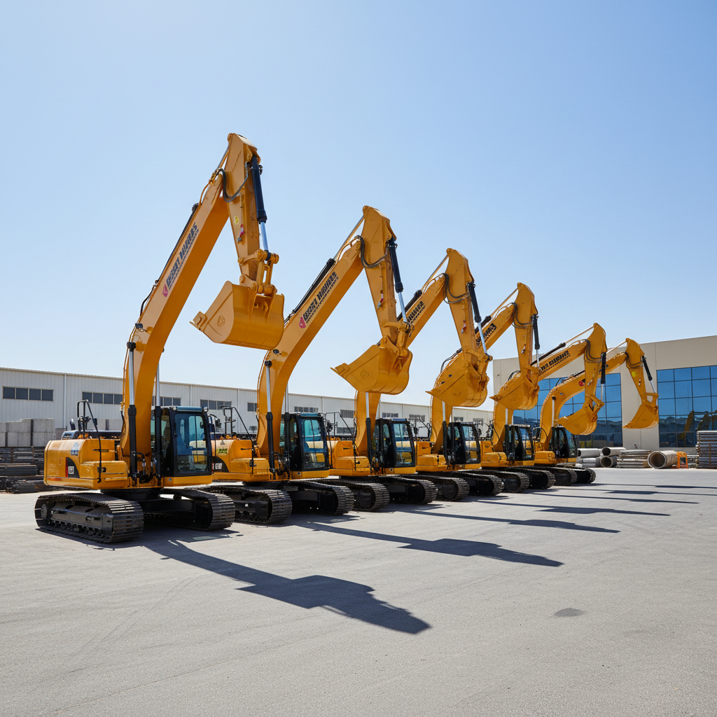 A lineup of various excavators in different sizes and arm lengths, all freshly cleaned and neatly arranged in a straight row on a paved industrial yard. Their booms are raised slightly at uniform angles, buckets aligned, with safety markings and branding clearly visible on each machine. The background shows organized stacks of construction materials and low industrial buildings under a clear blue UAE sky. Bright midday sunlight creates strong, well-defined shadows and reflections on metal surfaces. Captured from a wide-angle, slightly low perspective to emphasize scale and fleet capacity, with sharp focus throughout. The mood is confident and organized, projecting a professional, large-scale rental fleet in a realistic, corporate photographic style.
