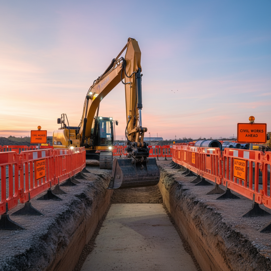 A medium excavator operating on a structured infrastructure project site at dawn, its boom extended over a neatly dug trench lined with smooth, straight edges, surrounded by orange safety barriers and reflective signage. Freshly laid compacted base material shows clear compaction lines. Work lights on the machine cast a cool white glow on the trench while soft, early-morning natural light introduces a faint pink and blue gradient in the sky. Photographic realism, captured from a slightly elevated angle using the rule of thirds, with the excavator framed prominently and the project site extending into the background. The mood is disciplined and efficient, highlighting professional-grade rental equipment supporting critical civil works, without any human presence.