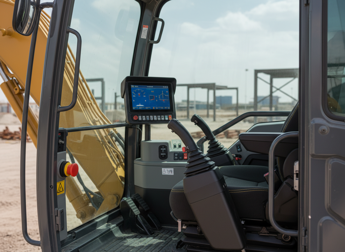 A detailed interior view of an excavator cab taken from outside through the open door, showcasing a spotless, modern operator station with clearly labeled joysticks, digital control panel, and ergonomic seat, all in immaculate condition. The cab glass is clean with subtle reflections of the bright UAE sky and surrounding site. Soft, diffused daylight enters from all sides, minimizing harsh shadows and emphasizing clarity of controls and safety features like emergency stop buttons and warning decals. Photographic realism, captured at eye level with shallow depth of field that keeps the cab in sharp focus and the exterior site softly blurred. The mood is precise, professional, and safety-focused, emphasizing well-maintained rental machines ready for expert operation.