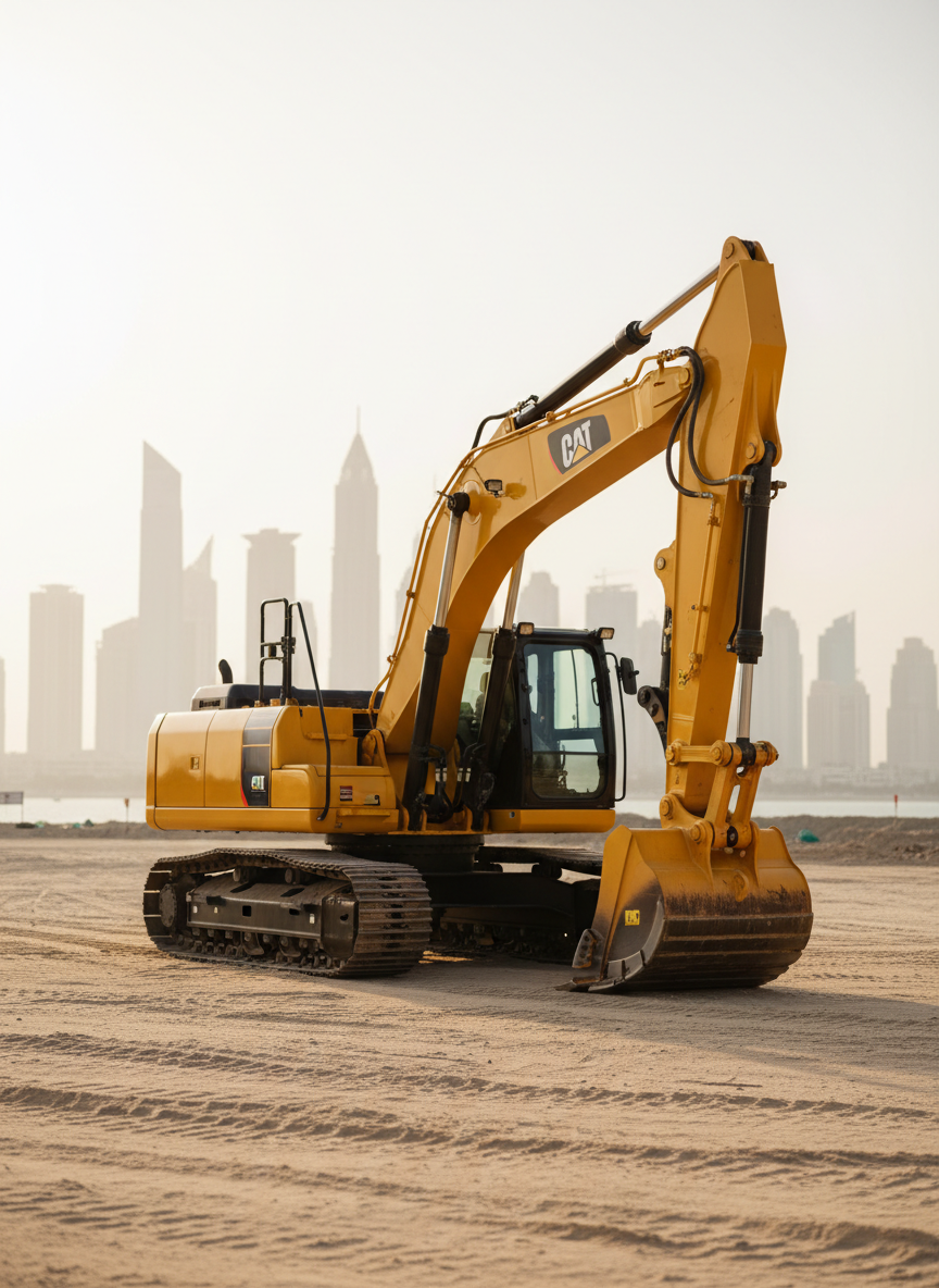 A large, clean yellow hydraulic excavator parked on a compacted sand construction site in the UAE, its steel tracks pressed into the ground and its long boom and bucket neatly folded. In the distance, a modern city skyline with glass towers shimmers in light haze. Late afternoon golden sunlight casts crisp shadows, highlighting the machine’s polished metal surfaces and safety decals. Photographic realism, shot at eye level with a slight three-quarter angle, sharp focus on the excavator and a subtly blurred background. The mood is professional, reliable, and orderly, conveying premium rental equipment ready for work, with a clean and modern corporate aesthetic suitable for a business home page hero image.