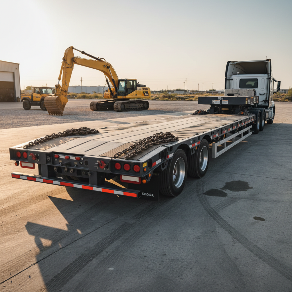 A heavy transport low-bed trailer designed for carrying excavators, parked in a tidy logistics yard, its reinforced steel deck clean and ready for loading. Strong tie-down points, bright red and white reflective markings, and carefully coiled chains are clearly visible along the sides. In the background, an excavator is parked on a separate pad, echoing the service connection between transport and rental. Late afternoon desert light casts warm tones and long, soft shadows across the concrete. Photographic realism, shot from a low, three-quarter front angle that emphasizes the length and capacity of the trailer. The mood is dependable and methodical, underlining complete transport and rental solutions in a professional, business-oriented style.